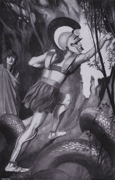 Jason sprang frem ... og rev skindet af træstammen (litografi) af Thomas Heath Robinson