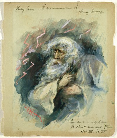 Kong Lear, en erindring af Henry Irving: "In such a night To shut me out!", Act III, Scene 4 (akvarel) 34:King Lear (Act III, Scene 4): "In such a night To shut me out!", en reminiscens af Henry Irving (akvarel) af Thomas Heath Robinson