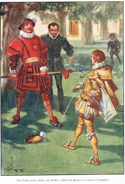 "Læg jeres våben, mine herrer!" råbte kæmpen med en tordenstemme (farvelitografi). af Thomas Heath Robinson