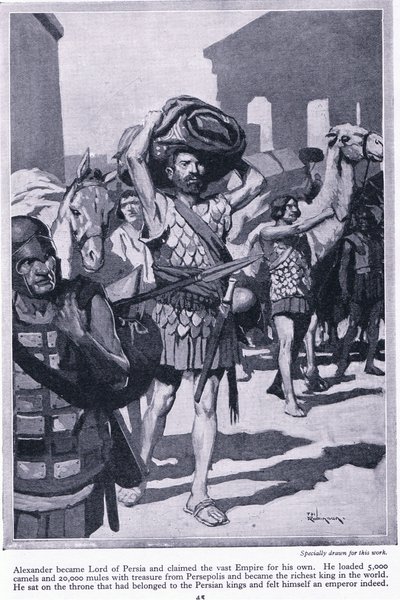At plyndre en by for skatte: Alexander blev herre over Persien. Han læssede alle skattene fra Persepolis og blev meget rig, ca. 1950 (litografi) af Thomas Heath Robinson