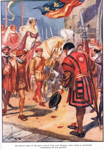 På hver side af porten stod Gog og Magog, som gjorde et dybt knæfald, da hun passerede (farvelitografi). af Thomas Heath Robinson
