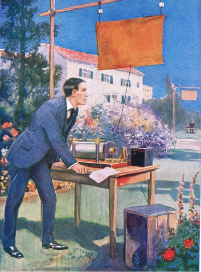 Et af Marconis tidligste eksperimenter, illustration fra 