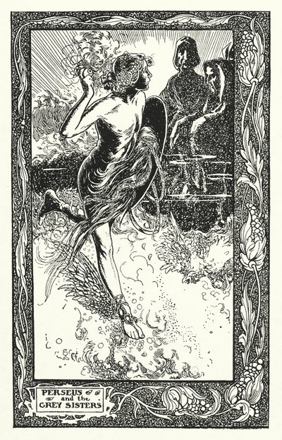 Perseus og de grå søstre (litografi) af Thomas Heath Robinson