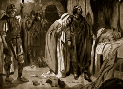 Dronning Ethelburga overtaler Ine af Wessex til at opgive kronen, 728, illustration fra 