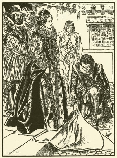 Raleigh breder sin kappe ud foran Elizabeth (kobberstik) af Thomas Heath Robinson
