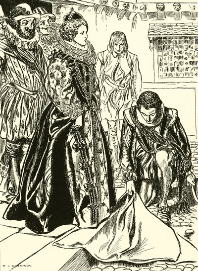 Raleigh breder sin kappe ud foran Elizabeth (kobberstik) af Thomas Heath Robinson