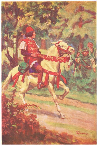 Robin og hans ledsager så mester Patrington komme ridende mod dem (farvelitografi) af Thomas Heath Robinson