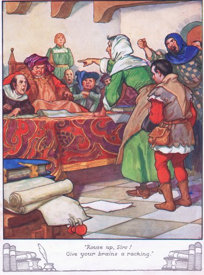 "Rejs jer op, mine herrer! Giv jeres hjerner en omgang". (farvelitografi) af Thomas Heath Robinson