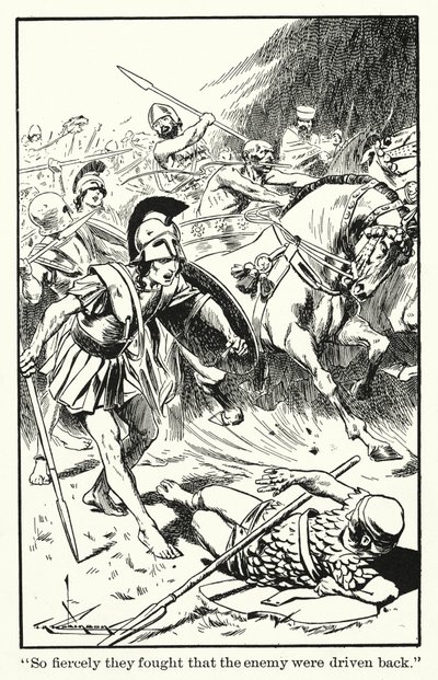 "De kæmpede så voldsomt, at fjenden blev drevet tilbage" (litografi) af Thomas Heath Robinson