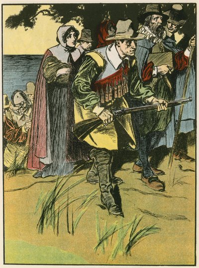 Pilgrimsfædrene på vej ind i den nye verden (farvelitografi) af Thomas Heath Robinson
