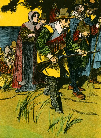 Pilgrimsfædrene på vej ind i den nye verden (farvelitografi) af Thomas Heath Robinson
