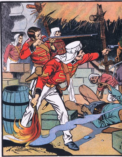 Ødelæggelsen af magasinet i Delhi (farvelitografi) af Thomas Heath Robinson