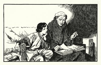 Den kommende kong Alfred bliver uddannet (litografi) af Thomas Heath Robinson