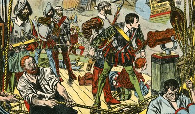 Den lille "Revenge" kæmper mod halvtreds spanske galeoner (farvelitografi) af Thomas Heath Robinson