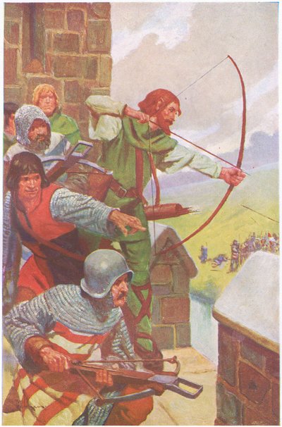 Der begyndte nu en belejring af Uterysdale, som varede i flere uger (farvelitografi). af Thomas Heath Robinson