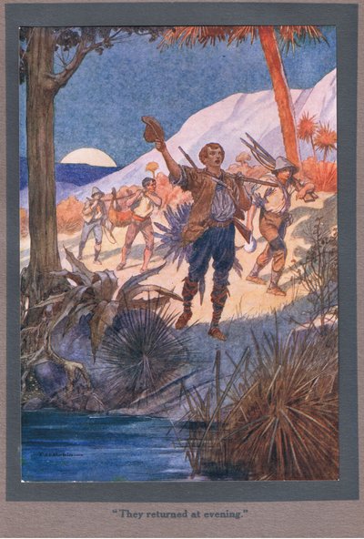 De vendte tilbage om aftenen (farvelitografi) af Thomas Heath Robinson
