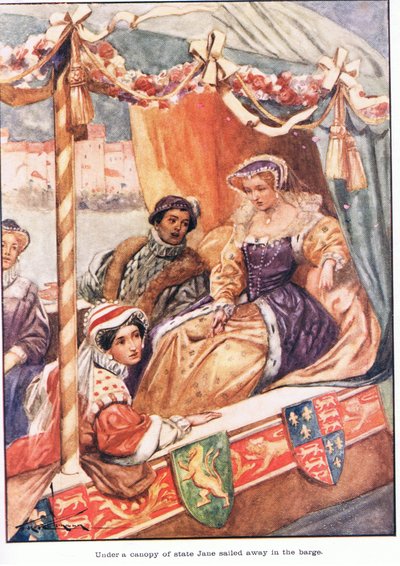 Under statens baldakin sejlede Jane væk i prammen (farvelitografi) af Thomas Heath Robinson