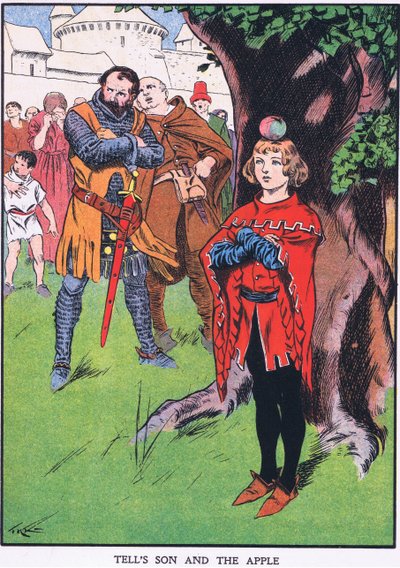 Wilhelm Tells søn og æblet (farvelitografi) af Thomas Heath Robinson
