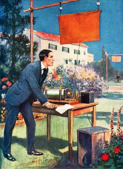 Trådløs telegrafi, et af Marconis tidligste eksperimenter (farvelitografi) af Thomas Heath Robinson