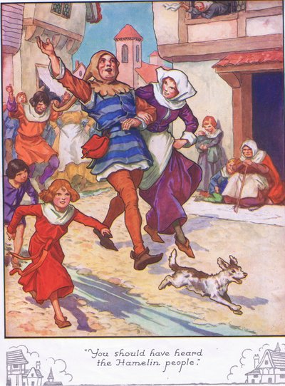 "Du skulle have hørt Hamelin-folket" (farvelitografi) af Thomas Heath Robinson