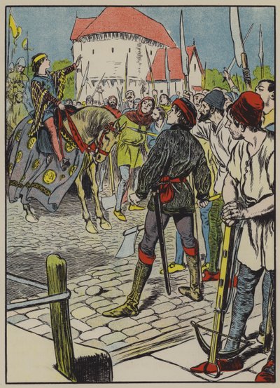 Den unge kong Richard slår oprøret ned (farvelitografi) af Thomas Heath Robinson