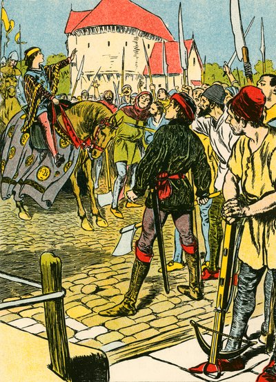 Den unge kong Richard slår oprøret ned (farvelitografi) af Thomas Heath Robinson