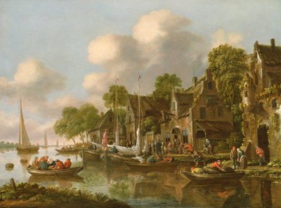 Et flodlandskab med både og figurer ved et værtshus, 1600-tallet af Thomas Heeremans