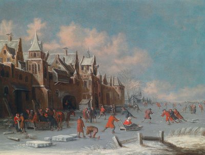 Skøjteløbere på isen uden for portene til en hollandsk by af Thomas Heeremans