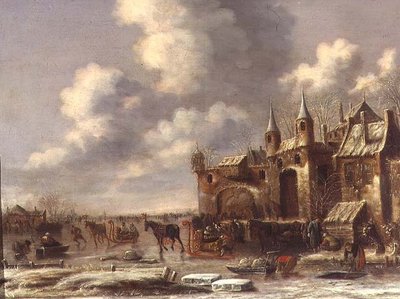 Byboere på isen ved en byport af Thomas Heeremans