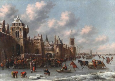 Vinterlandskab med figurer, der skøjter og kælker på en frossen voldgrav ved en befæstet by af Thomas Heeremans