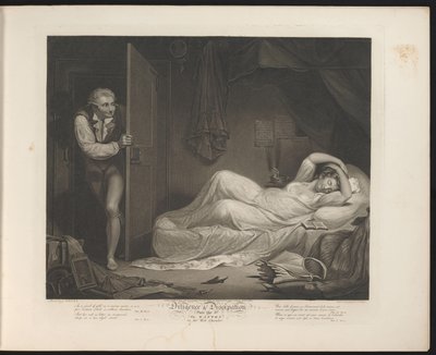Udsvævende stuepige sover, mens en mand sniger sig ind Plade 3. The Wanton in the Bed Chamber (titel på objekt) Dyd og udskejelser (serietitel) Diligence & Dissipation (serietitel på objekt) af Thomas Hellyer