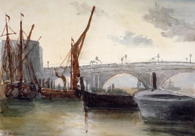Udsigt over Blackfriars Bridge, med både i forgrunden, London, c1835 af Thomas Hollis