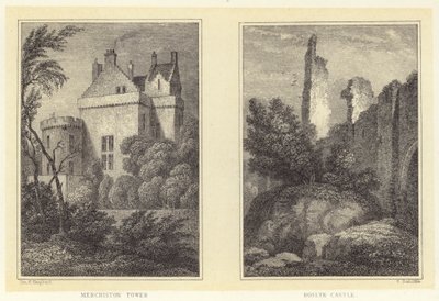 Merchiston Tower; Roslyn Castle (gravering) af Thomas Hosmer (after) Shepherd