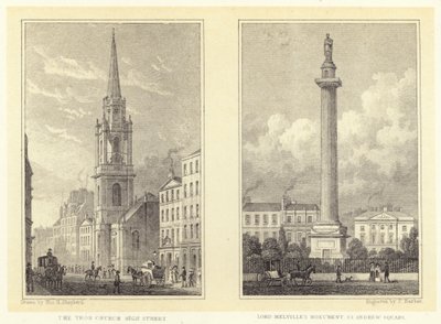 The Tron Church, High Street; Lord Melvilles monument, St Andrew Square (gravering) af Thomas Hosmer (after) Shepherd