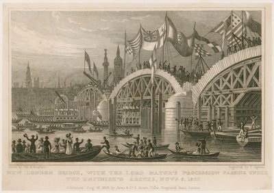 Konstruktion af New London Bridge, 9. november 1827 af Thomas Hosmer Shepherd