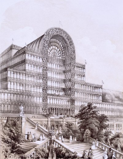 Crystal Palace ved Sydenham, fronten af det store tværskib, ca. 1851-55 af Thomas Hosmer Shepherd