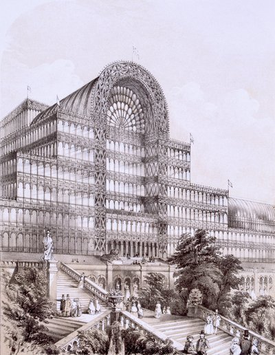 Crystal Palace ved Sydenham, fronten af det store tværskib, c1854. af Thomas Hosmer Shepherd