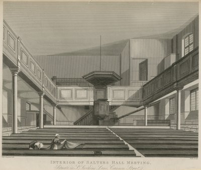 Interiør af Salters Hall Meeting, beliggende i St Swithins Lane, Cannon Street, London af Thomas Hosmer Shepherd