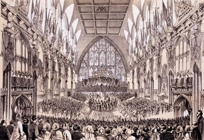 Interior of the Guildhall - Lord Mayor and Corporation præsenterer deres tale til Emperor und Empress of the French, 19. april 1855 af Thomas Hosmer Shepherd