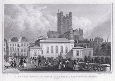 Litterær institution og katedral, fra North Parade, Bath (gravering) af Thomas Hosmer Shepherd