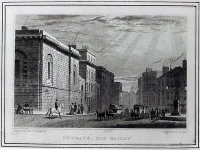 Newgate-fængslet og Old Bailey, indgraveret af Robert Acon, 1831 af Thomas Hosmer Shepherd