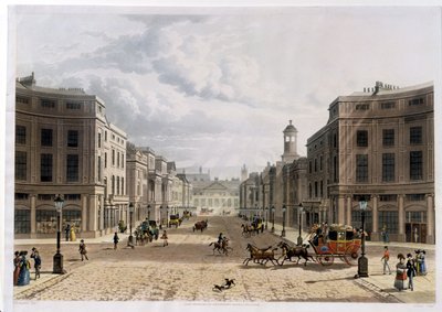 Regent Street, fra Piccadilly, indgraveret af J. Bluck (fl.1791-1831), pub. 1822 af Ackermanns 