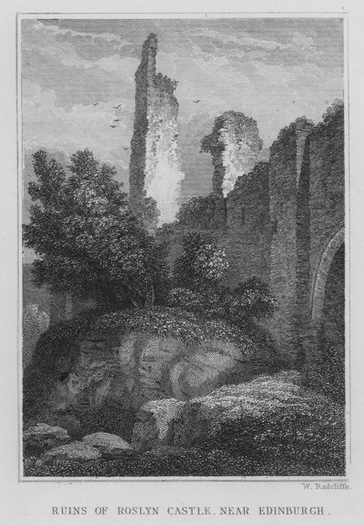 Ruinerne af Roslyn Castle, nær Edinburgh (gravering) af Thomas Hosmer Shepherd