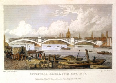 Southwark Bridge fra Bank Side, London, 1817 af Thomas Hosmer Shepherd