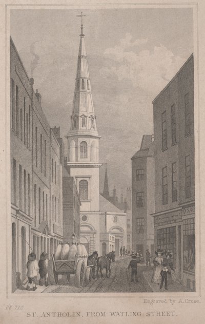 St. Antholin, fra Watling Street, indgraveret af A. Cruse, ca. 1830 (gravering) af Thomas Hosmer Shepherd