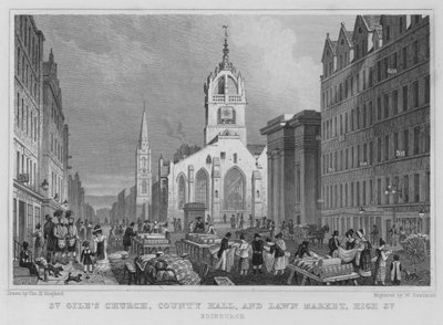 St Giles Church, County Hall og Lawn Market, High Street, Edinburgh (gravering) af Thomas Hosmer Shepherd