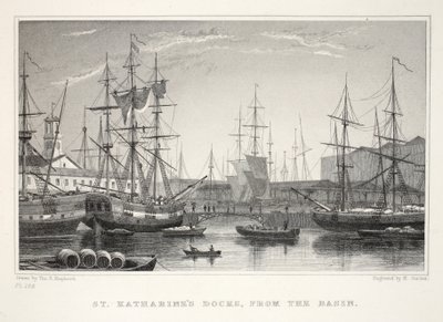 St Katherine Docks, fra Basin, Tower, fra London og dets omgivelser i pubben fra det nittende århundrede. Jones und Co., 1827-1829 af Thomas Hosmer Shepherd