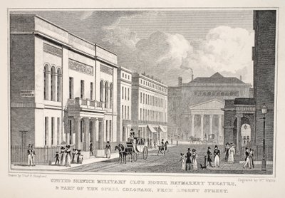 United Service Military Club House, Haymarket Theatre og en del af Opera Colonnade fra Regent Street, fra pubben 