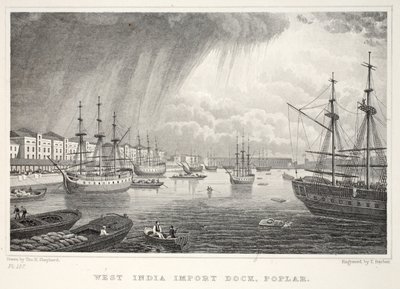 West India Docks, Isle of Dogs, fra London og dets omgivelser i pubben fra det nittende århundrede. Jones und Co., 1827-1829 af Thomas Hosmer Shepherd