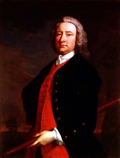 Portræt af Edward Henry Sartorius, der holder et teleskop med et kystlandskab bagved af Thomas Hudson